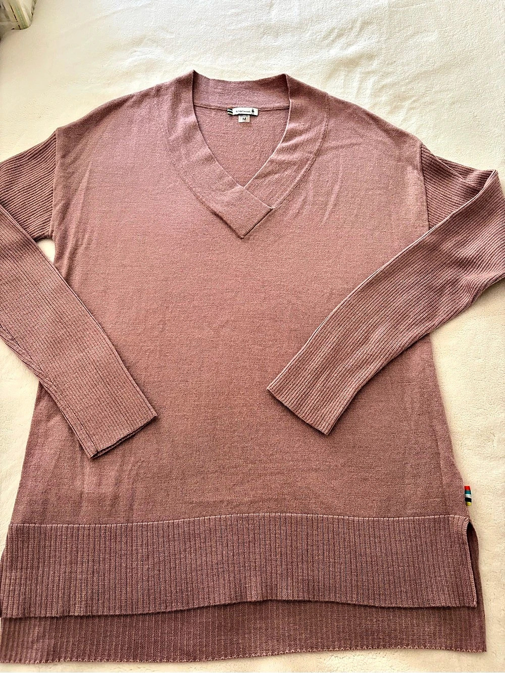 Smartwool Women's Edgewood V-Neck Sweater in a deep pinkish tone size Medium